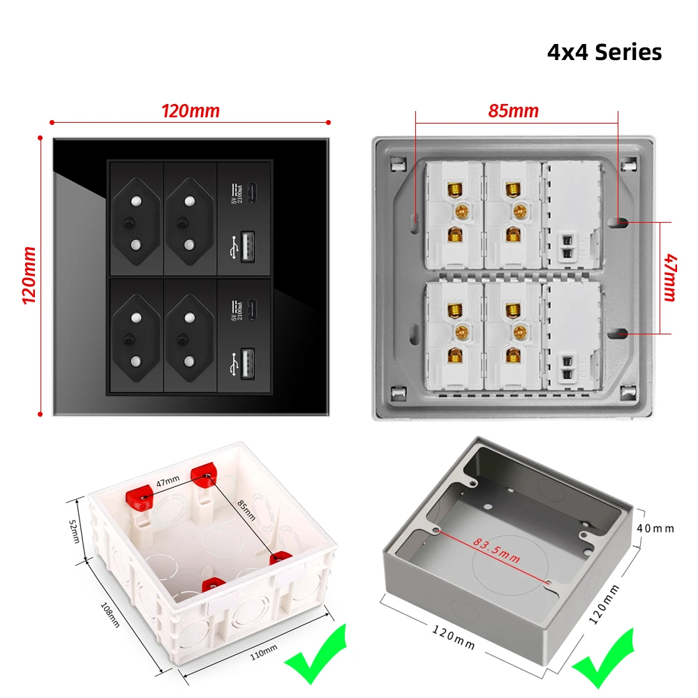 Melery 4x4 pannello in vetro ignifugo presa Standard brasiliana doppia presa di corrente a parete USB tipo C interruttore luce ufficio nero 10A 20A