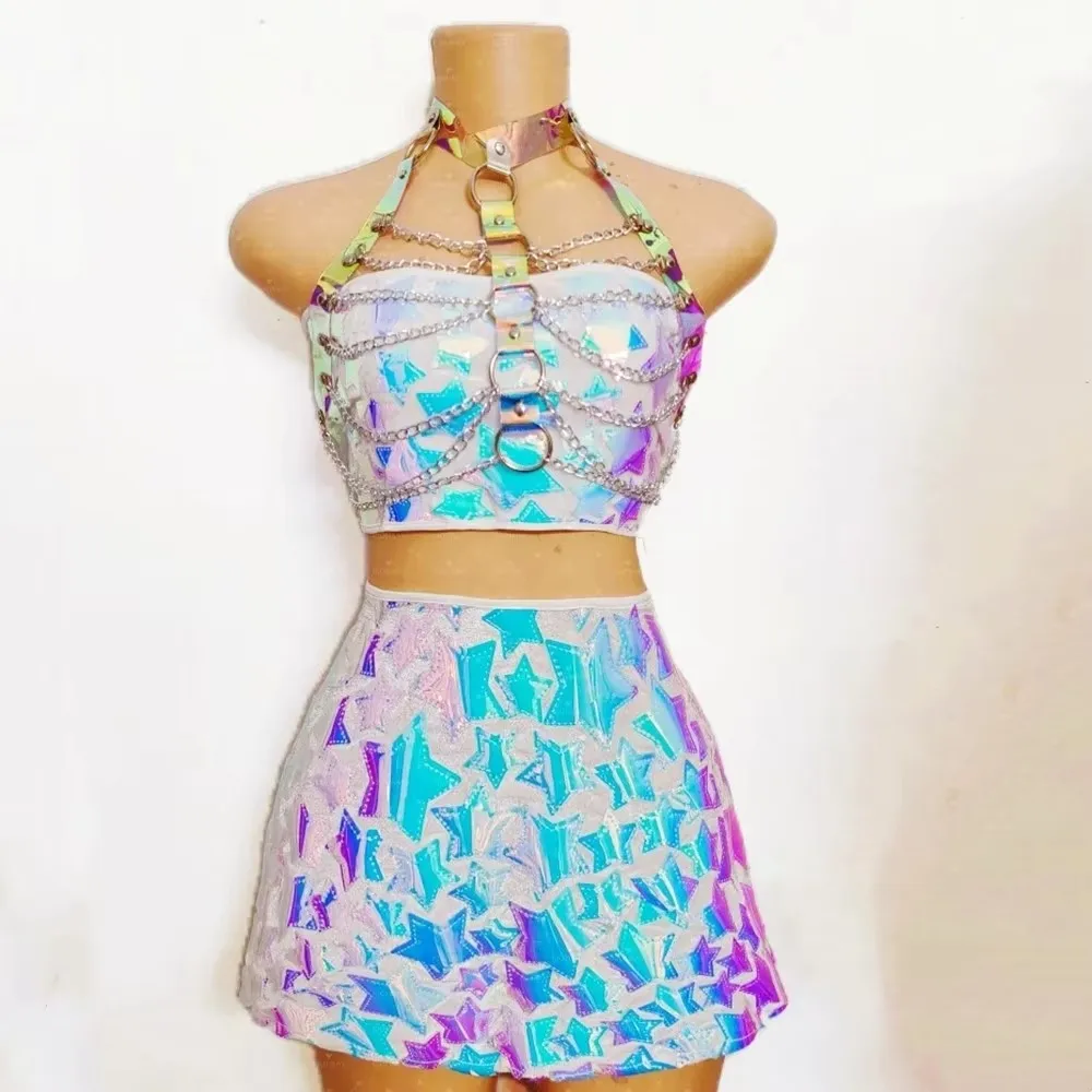 أزياء مثير ملون الترتر المرأة المحاصيل الأعلى وتنورة صغيرة مجموعة هالوين مهرجان حزب الجاز الرقص المغني مرحلة الأداء