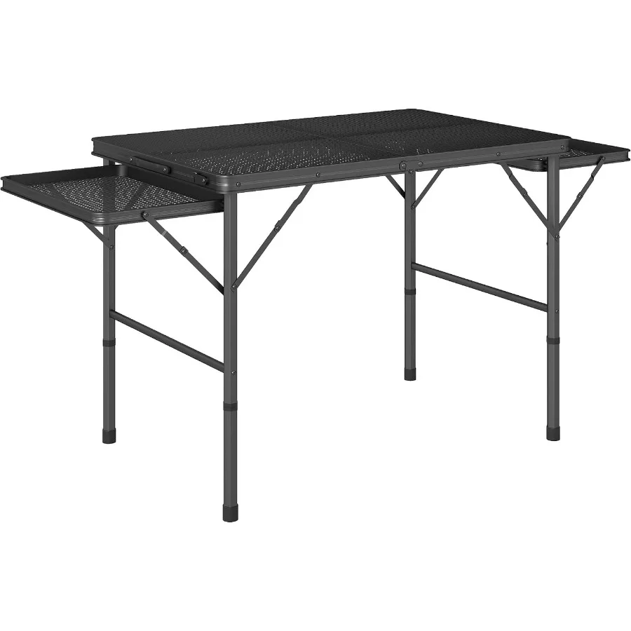 Folding Grill Table with 2 Expandable Wing Panels, Adjustable Height 22.4–26.3 in, Metal Portable Camping Table for Outdoor Dining