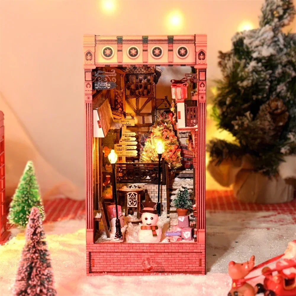 

NEW DIY Wooden Book Nook Shelf Insert Miniature Kit, Merry Christmas City Streetscape Bookshelf Home Bookend Decor Festival Gift