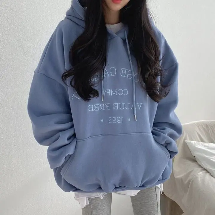 Women Embroidered Hoodie Fleece Lined Pullover Streetwear Casual Loose Warm Harajuku Fall Winter Sweatshirt Tops