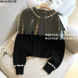 Black Pearl Beading Chic Korean Knit Sweater Cardigan Women 2022 Autumn Fashion Loose Ladies Tops Long Sleeve O-neck Jumpers