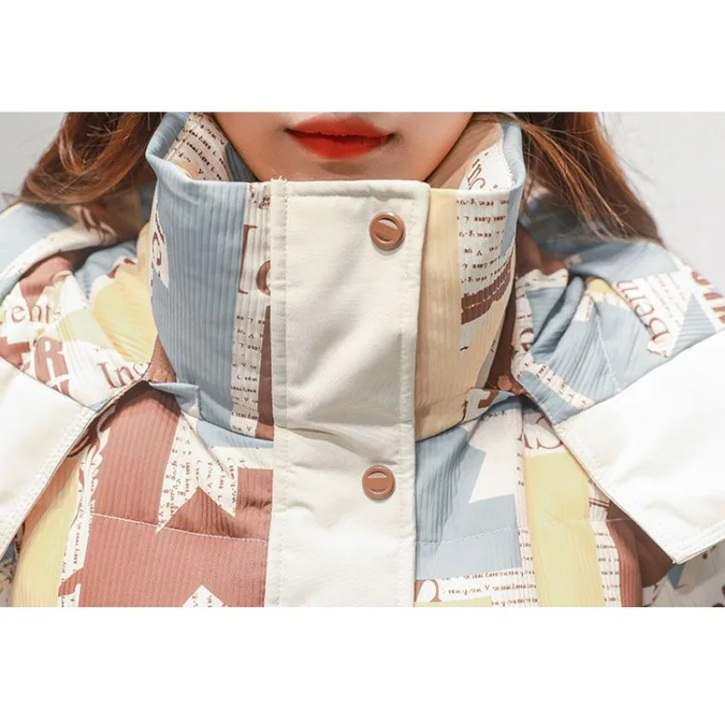 High-end na moda cor contrastante para baixo jaqueta feminina médio e longo sobre o joelho novo coreano pato branco para baixo jaqueta engrossado