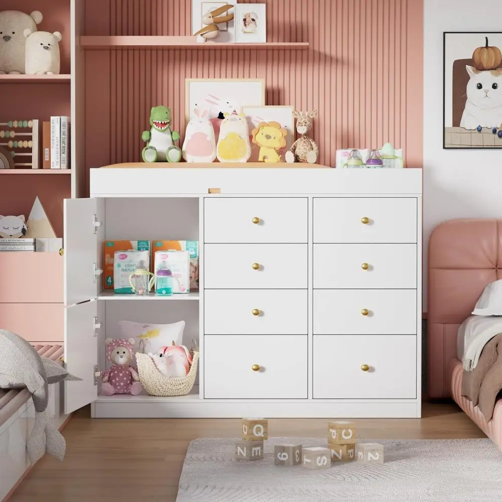 Baby Classic Nursery Dresser with 8 Drawers and 2 Cabinet, Multi-Functional Baby Changing Table, Diaper Changing Station for Children's Room
