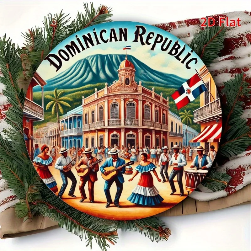 Vintage Dominican Republic Round Tin Sign, Retro Vibrant Merengue Dance Street Festival Colonial Building Landscape Metal Wall A