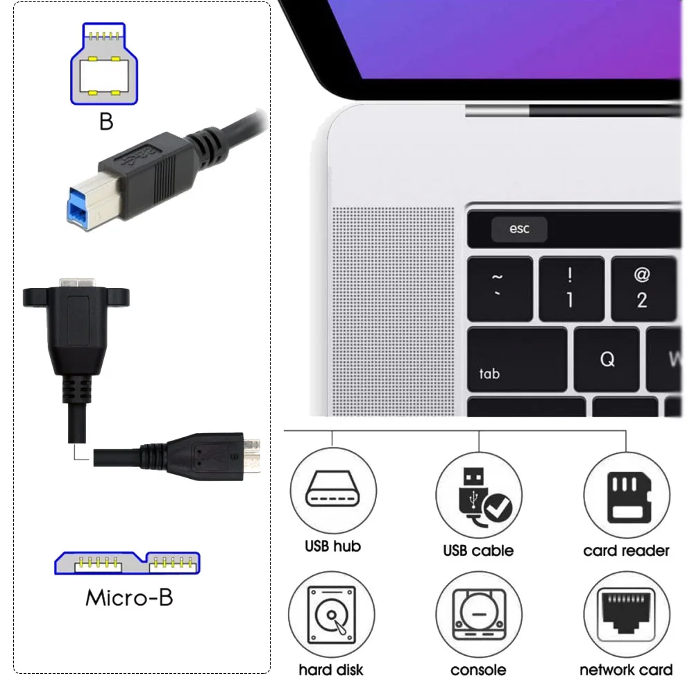 USB 3.0 MICRO-B Male To 3.0-BF B Female Cable Extension 5Gbps  for Disk SSD Camera Data with Fixed Holes Locking Screws 0.3m