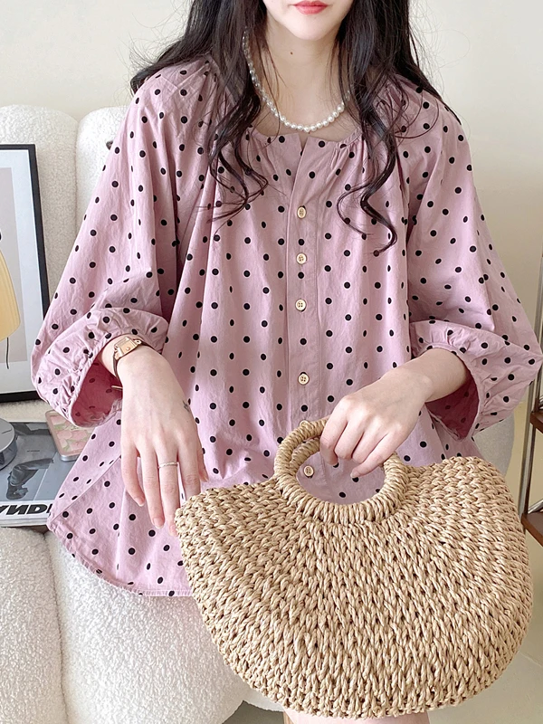 

Летняя модная женская рубашка больших размеров с V-образным вырезом, свободными рукавами-фонариками, А-силуэта, в горошек, в корейском стиле, для повседневной носки