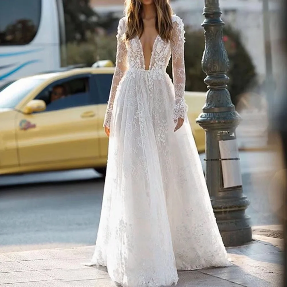 

ONE LIFE Boho Sexy Deep V Neck Wedding Dresses Backless 3D Flora Lace Appliques Beach Bridal Gown Customized vestido de novia