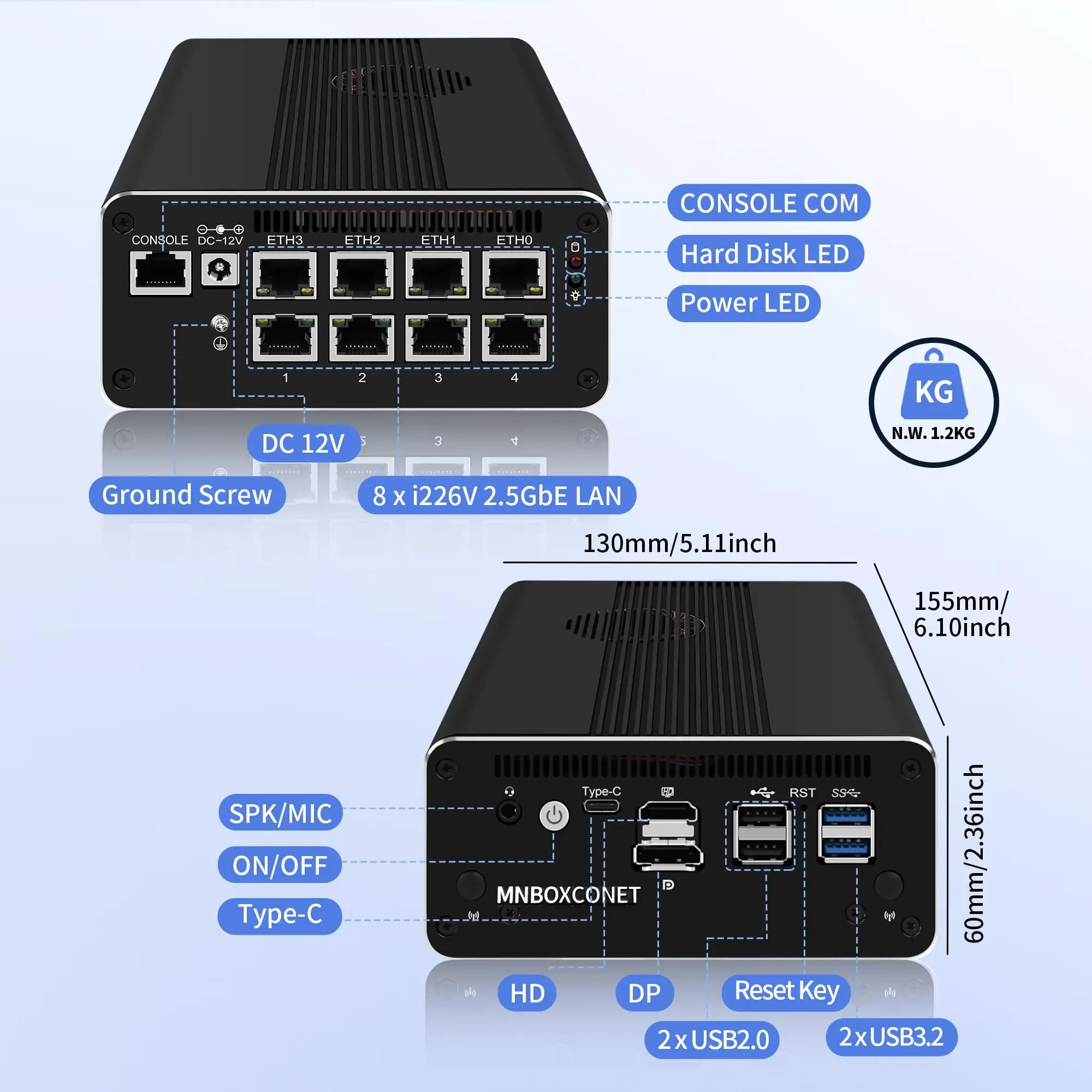 MNBOXCONET Firewall Appliance Core i3-1115G4, Micro 8 Port I226V 2.5G LAN Mini PC Hardware Router, Support Windows OPNsense