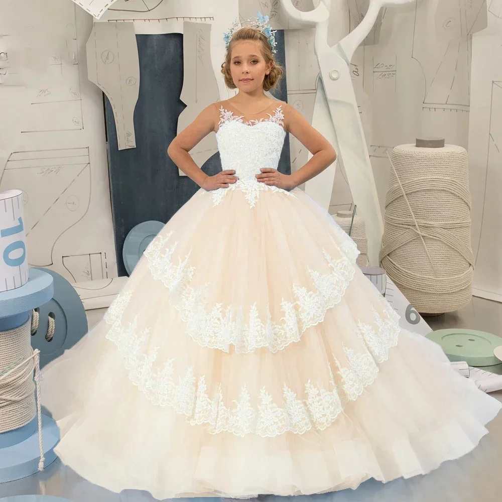 

Light Champagne Flower Girl Dresses For Wedding Puffy Lace Ruffles Tulle Pageant Dress Applique First Communion Party Ball Gown