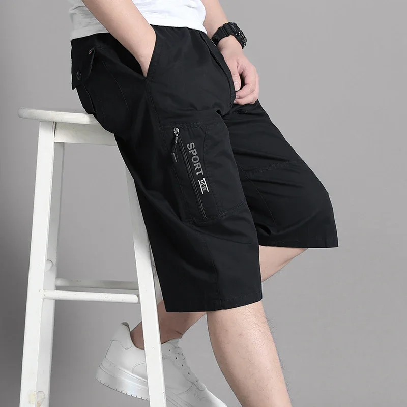 Mens Cargo Shorts Knee Pants Zipper Pocket Summer Cotton Shorts Climbing Jogger Elastic Waist Sports Wear Casual Short Pants - Image 3