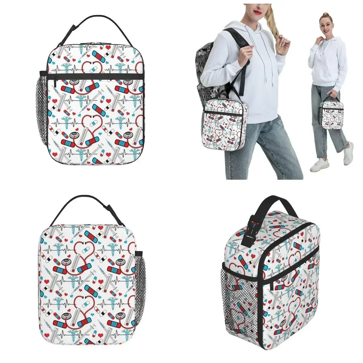 Cute Stethoscope Nurse Doctor EKG Thermal Insulated Lunch Bag for Office Portable Food Bag Container Thermal Cooler Food Box