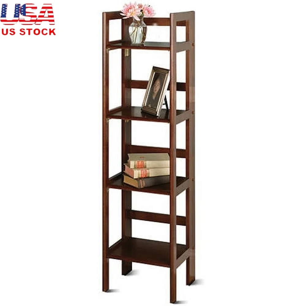 

4-Tier Foldable Storage Shelf Narrow Walnut Wood Bookcase Small Spaces Laundry Room Home Office Organization