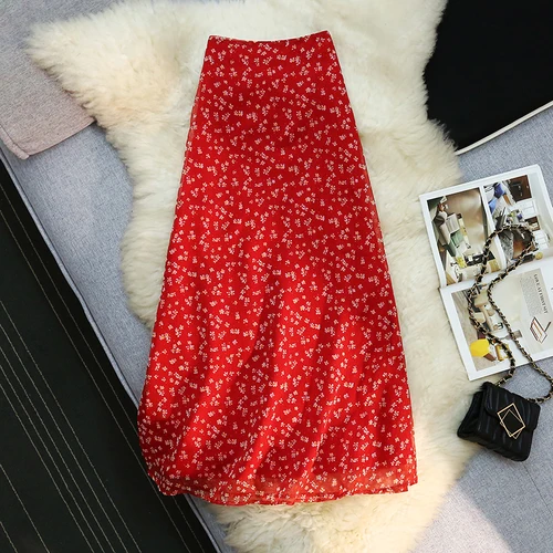 Imagen 2 del producto Faldas por debajo de la rodilla florales Retro coreanas para mujer, faldas elegantes informales de cintura alta de longitud media para primavera y verano 2025