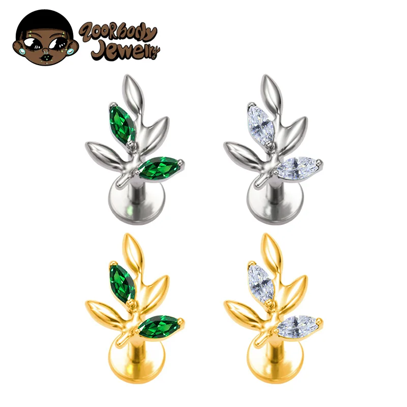 ASTM F136 TItanium Small Leaves with Marquise Cubic Zirconia Helix Piercing Labret Lip Nose Ring Earrings Flat 2025 New Piercing