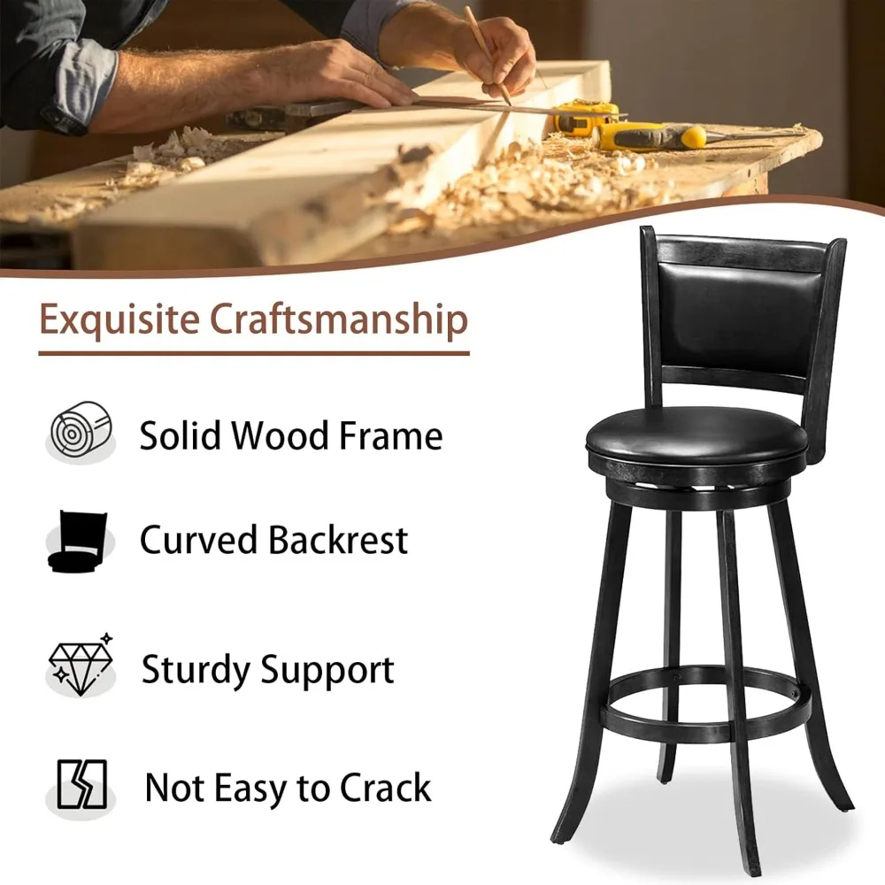 29”  Café Chairs Height  Set of 4, Kitchen Island, Rubber Wood, Swivel  with Backs for Pub, ,Restaurant, Black Café Chairs