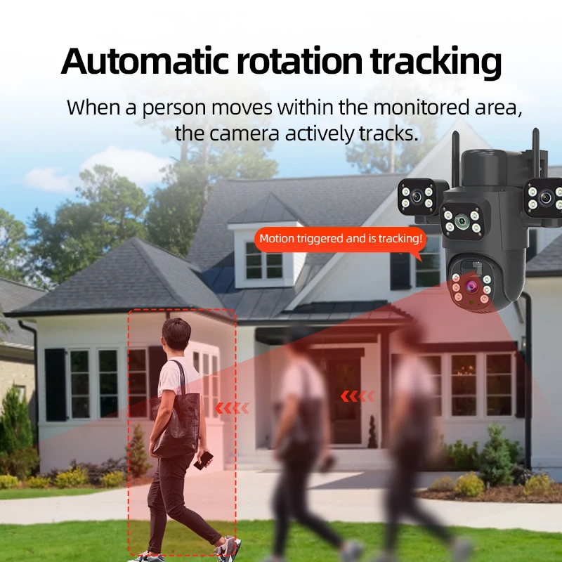 4G / WiFi كاميرا تعمل بالطاقة الشمسية ثلاثة عدسات شاشة خارجية 12MP 6K بطارية منخفضة الطاقة كاميرا IP PIR للرؤية الليلية CCTV الحماية الأمنية