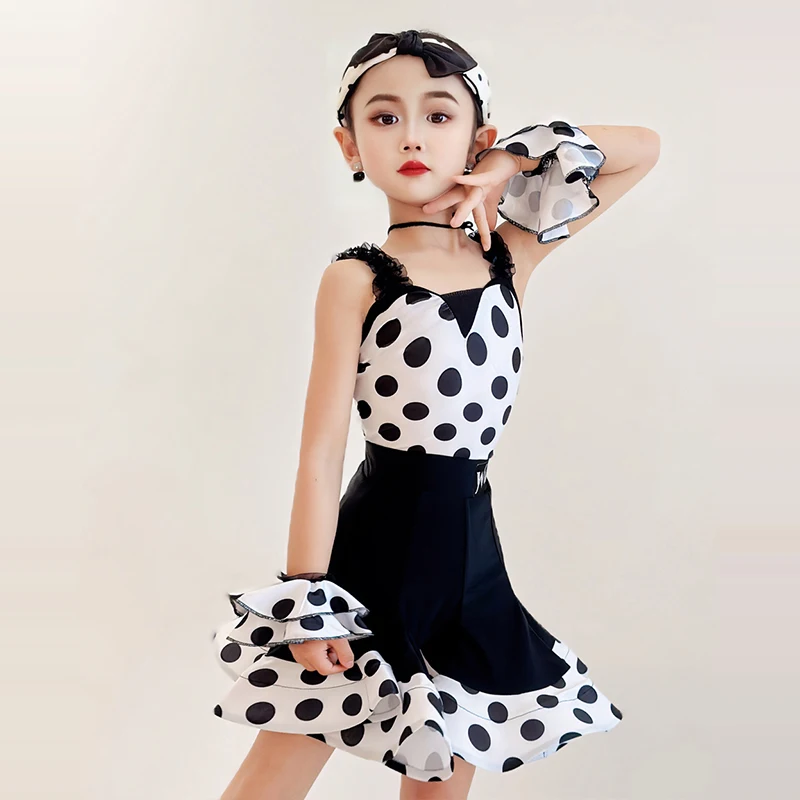 Latin Dance Performance Kleid Mädchen Sommer Balck Polka Dot Dance Anzug Rüschen Röcke Set Cha Cha Rumba Tanzen Bühne Tragen AMY1909