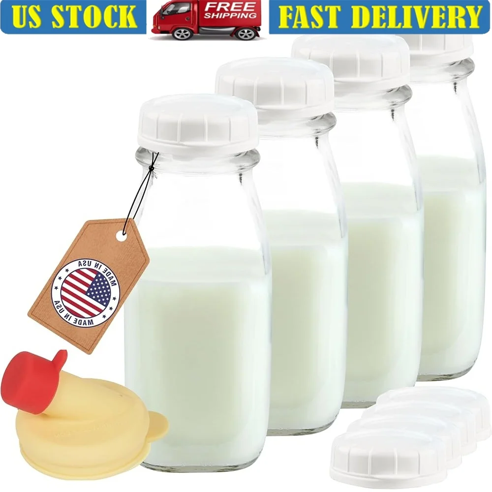 

12 Oz Square Glass Milk Bottles with Lids 4 Pack Reusable Tamper-Proof Airtight Storage Silicone Pour Spout Juices Creamers