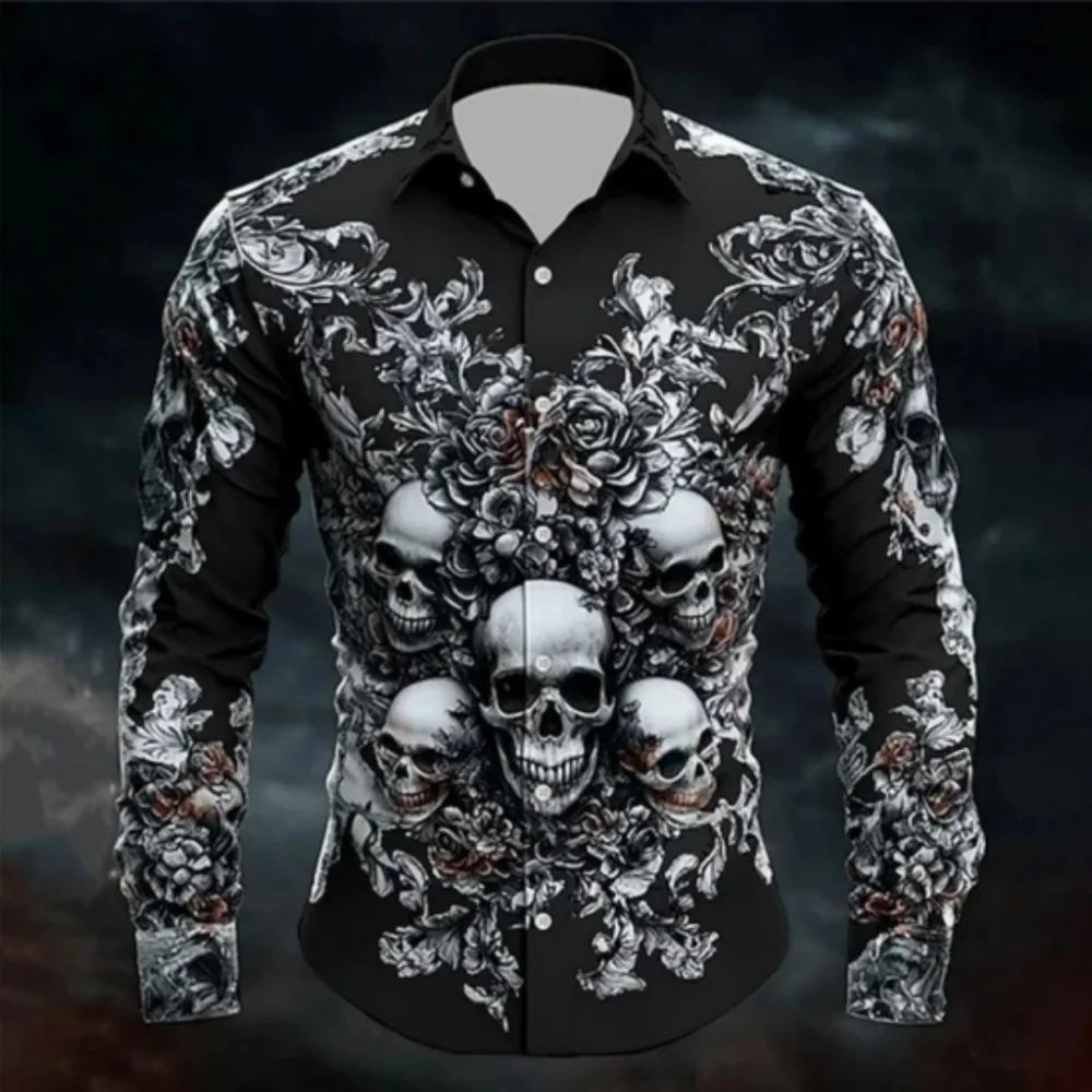 

Men's Skull Day of the Dead Rose Shirt Casual Halloween Shirt Button Shirt Long Sleeve Gothic Clothing Style Holiday Lapel Shirt
