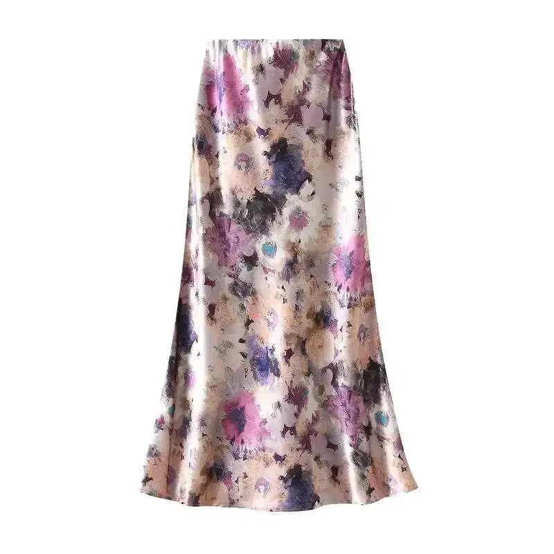 New In Women Spring Summer Floral Print Satin Long Skirts 2025 Trendy High Waist Elegant Faldas