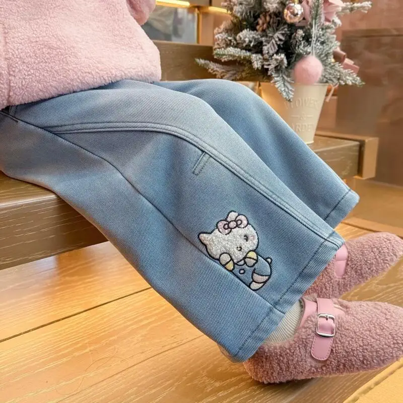 

Kawaii Sanrio Hello Kitty Kid Plush Jeans Cartoon Autumn Winter Wide-Leg Pants Y2K Anime Thickened Casual Pants Cute Girl Gift
