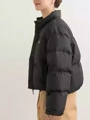 

Trendy Gymphlex Women's down Jacket High Waist Short Zipper Pocket Loose Warmth Stand Collar Autumn Winter Pure Color