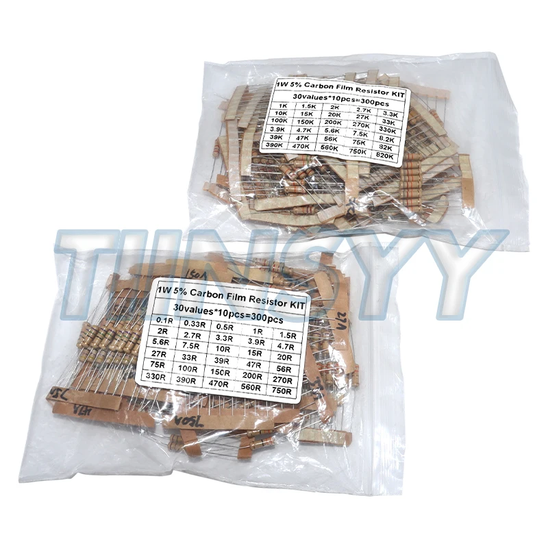 300PCS Resistor Kit 1W 5% Carbon Film Resistance 30values X 10pcs 0.1-750 Ohm 1K-820K Ohm Resistors Set for Electronics DIY