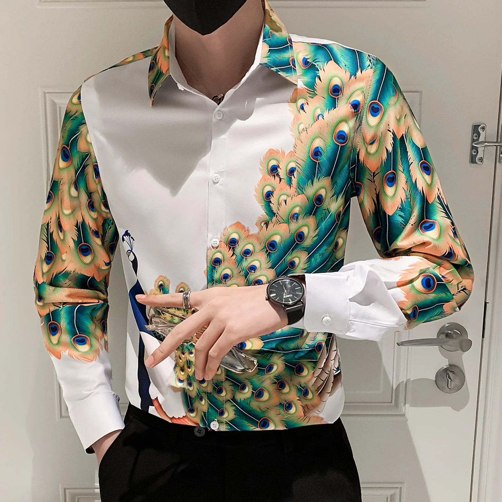 

Slim Korean Fit Casual Social Shirt Camisa Long Sleeve Night Club Mens Button Shirt Luxury Men Flower Shirt Peacock Print Shirt