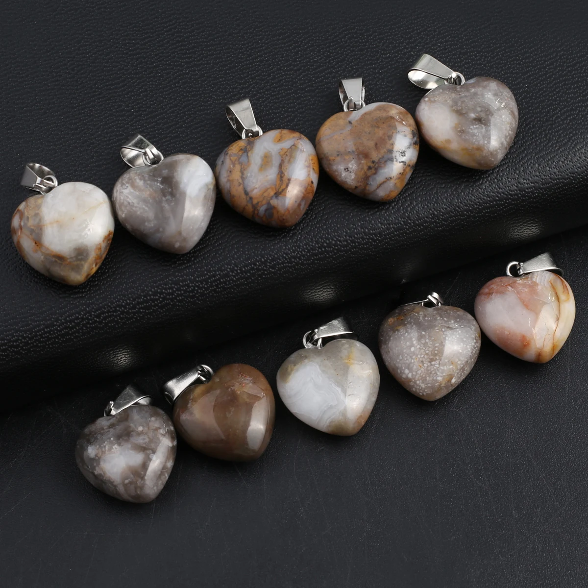 16mm Heart Shape Natural Stone Agate Charms Silver Color Bail Pendants 5Pcs for DIY Necklace Bracelet Jewelry Making Supplies