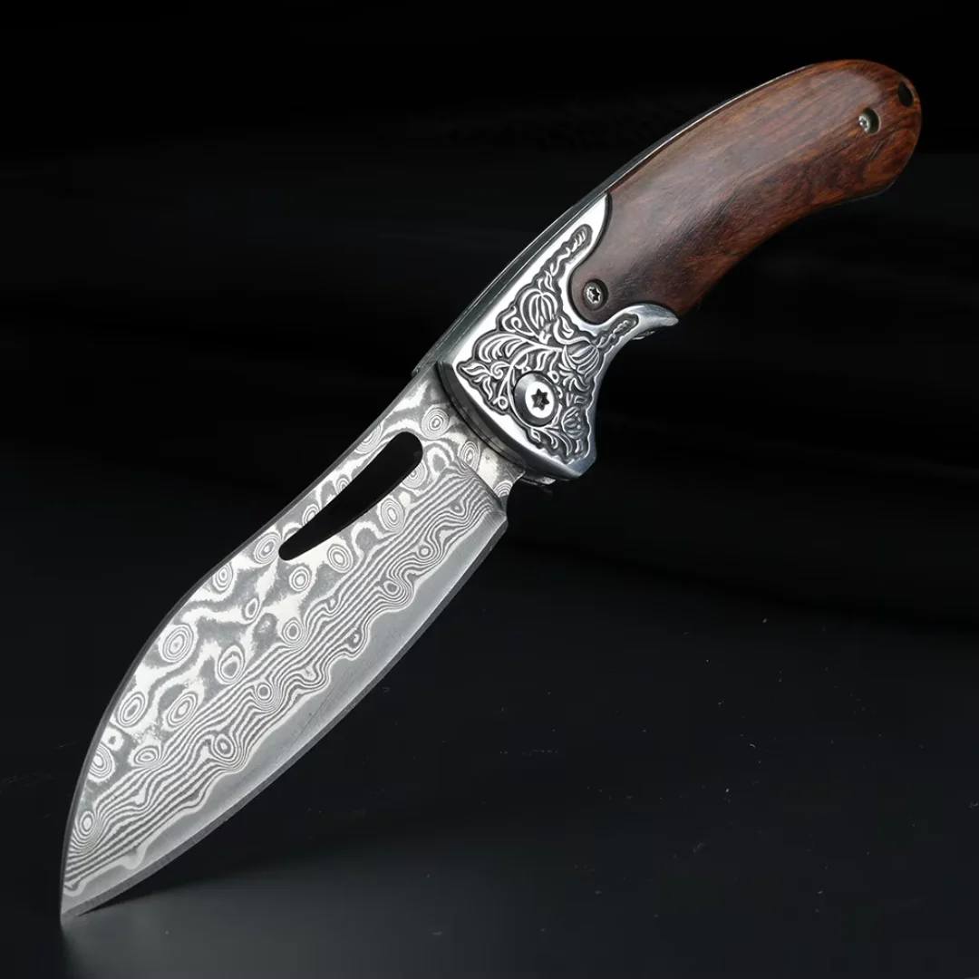Damascus Laser Pattern Small Knife Hollow Handle Outdoor Knife Camping Hunting Knife Survival Knife