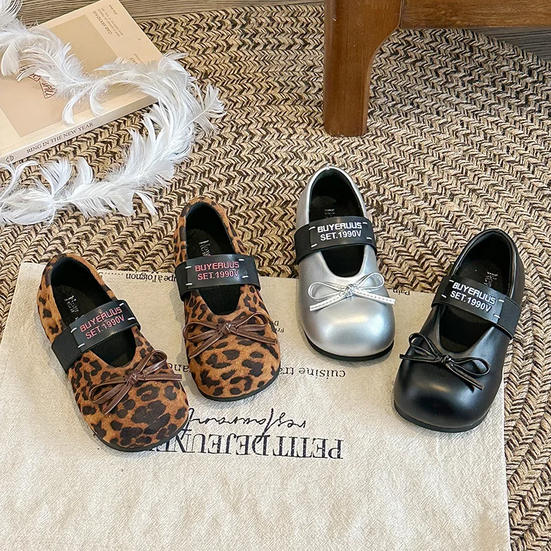 Kids'Casual Shoes PU Leather Solid Color Bow Spring Shoes For Girls Anti-slip Soft Bottom Silver White Shoes Size 26-35