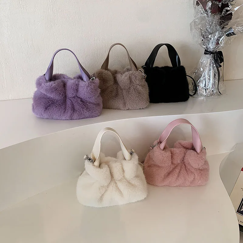 털가방 여성 2023 Fashion Women Faux Fur Handbags Soft Solid Color Plush Cross-Body Portable Winter Warm Designer Casual Lady Handbag