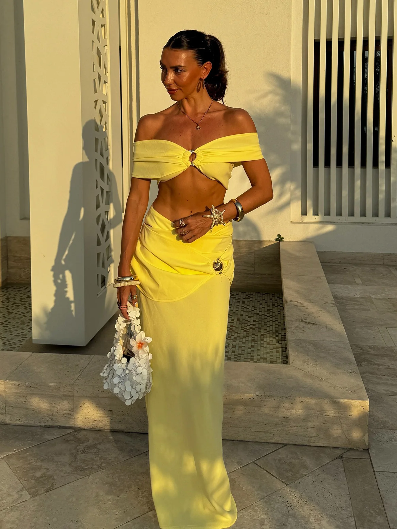 

2025 Butter Yellow Sexy Drop Shoulder Top Beachwear Vacation Outfits Solid Nightclub Party Dress Bikini Set 2 Piece Swimsuit C55
