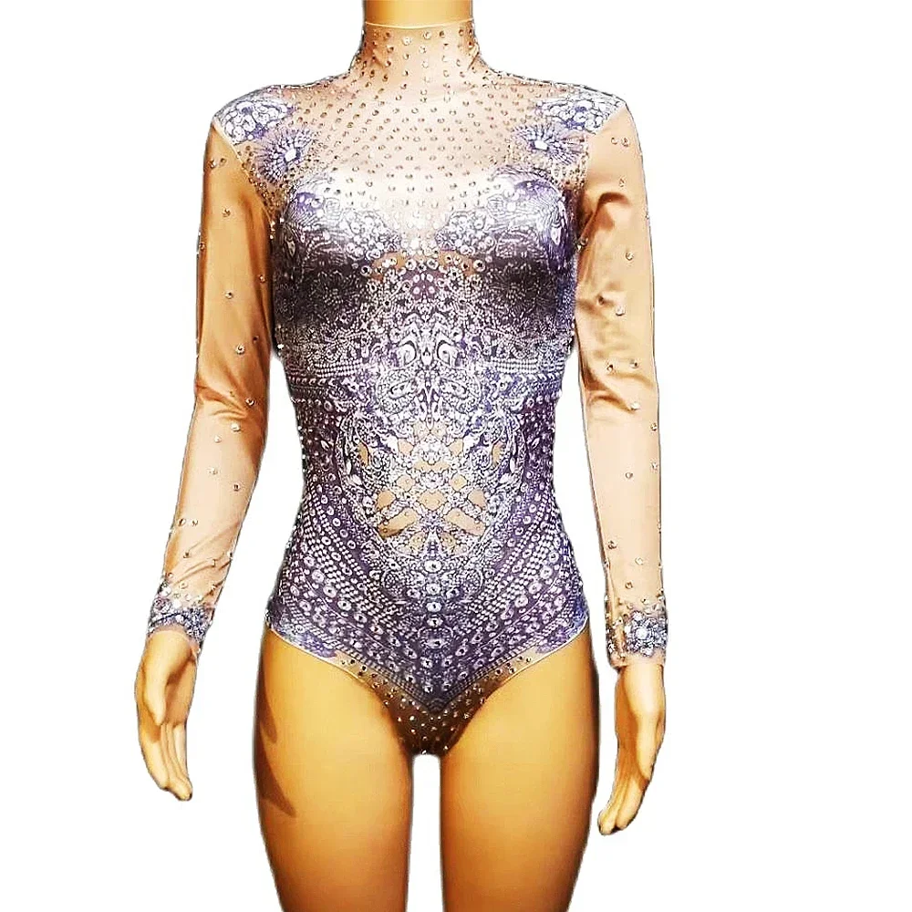 

3D Print Leotard Skinny Jumpsuits Long Sleeve Purple Women Bodysuits Pole Dancing Costumes Nightclub Singer Stage Wear