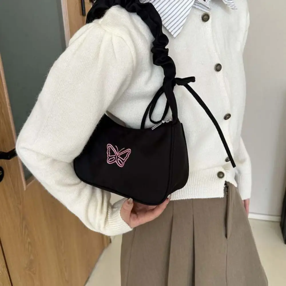 

Embroidery Bowknot Butterfly Shoulder Bag Y2k Style Ruffle Handle Nylon Bow Tote Bag Makeup Lipstick Bag Handbag