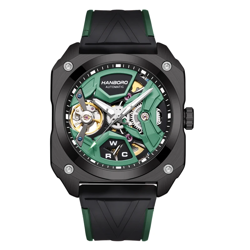 Hanboro relógio automático masculino 42mm relógios de luxo relógio de pulso mecânico luminoso caso quadrado esqueleto 50m pulseira de borracha à prova dwaterproof água