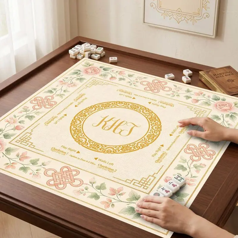 VIKAMA Chinese Knot Peony Mahjong Mat Golden Pattern Zoned Non Slip Luxury Household Mahjong Table Cover