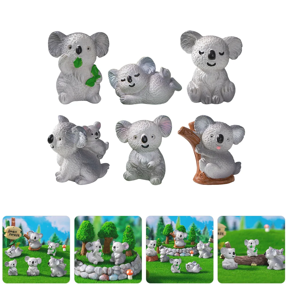 Figuras de Koala en miniatura, artesanía de resina, decoración de animales Adorable, paisaje, casa, pastel, coche, estatuas de jardín pequeñas, 6 uds.