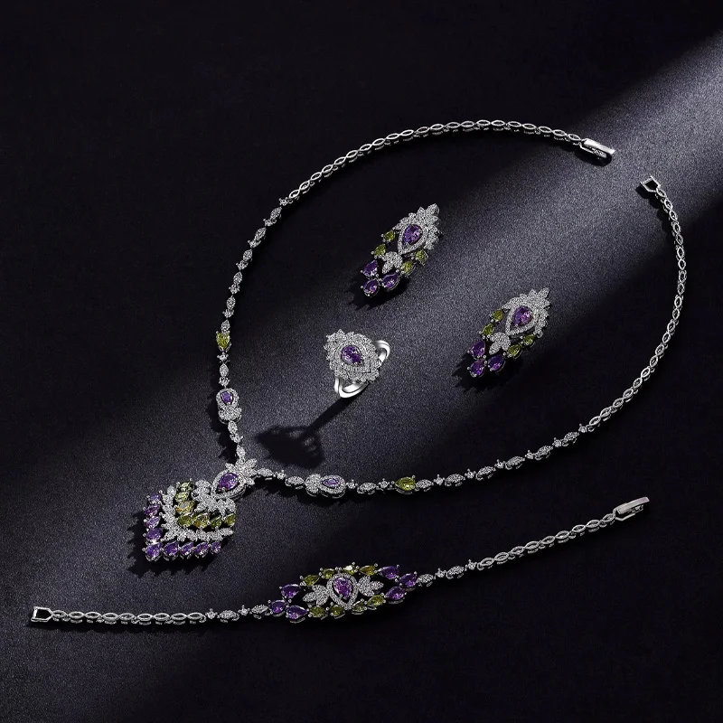 2025 ボヘミアン カラフルなジルコニア ジュエリー セット、高品質のエレガントなブライダル ウェディング アクセサリー、ハイエンドの機会に最適