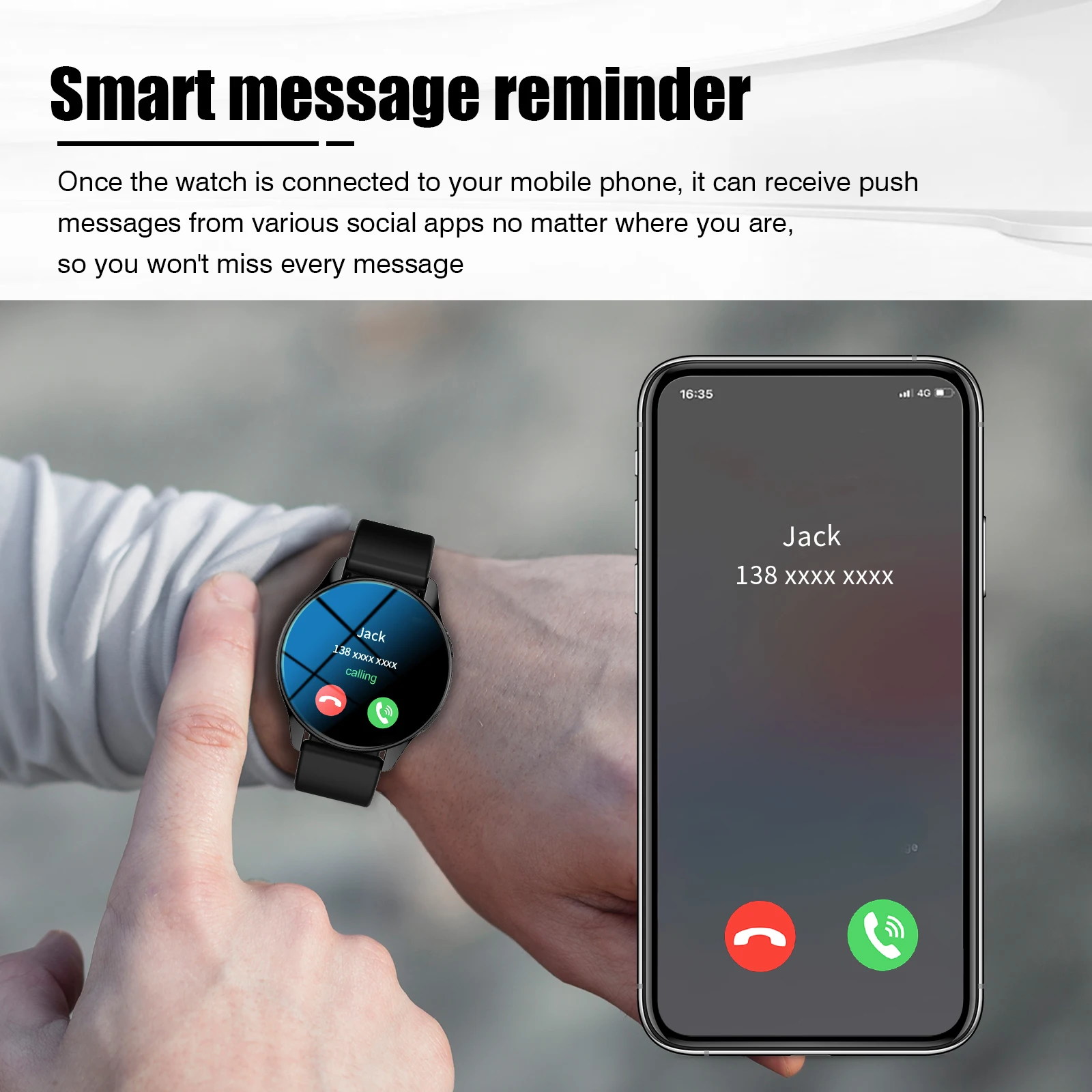 Smartwatch, Chiamate/Diallatura wireless, Modalità multi-sport, Visualizzazione dell'avviso messaggio, Carta da parati personalizzata, Monitor fitness, Wi compatibile