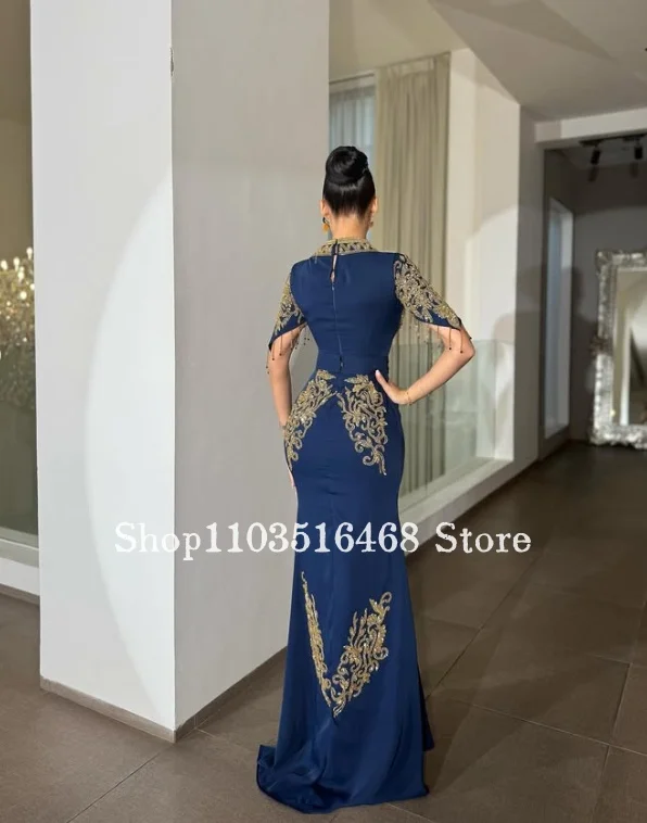 Suknia wieczorowa w kolorze granatowym, inspirowana Bliskim Wschodem, zdobiona koralikami, luksusowa, haftowana, arabska suknia balowa, suknia na wesele, sukienka na przyjęcie, formalna suknia bankietowa.