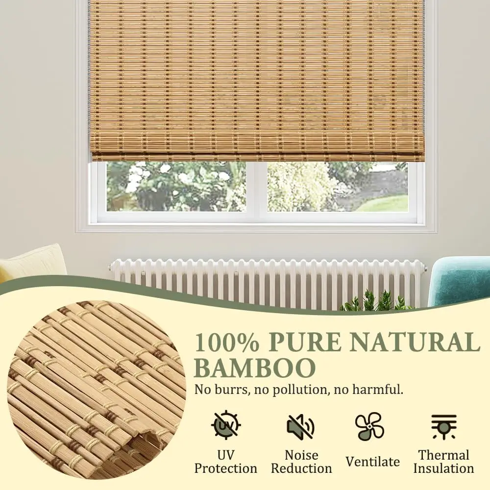 Cordless Bamboo Roman Shades with Valance, Light Filtering Bamboo Blinds for Interior Windows,  Roll up Bamboo Shades