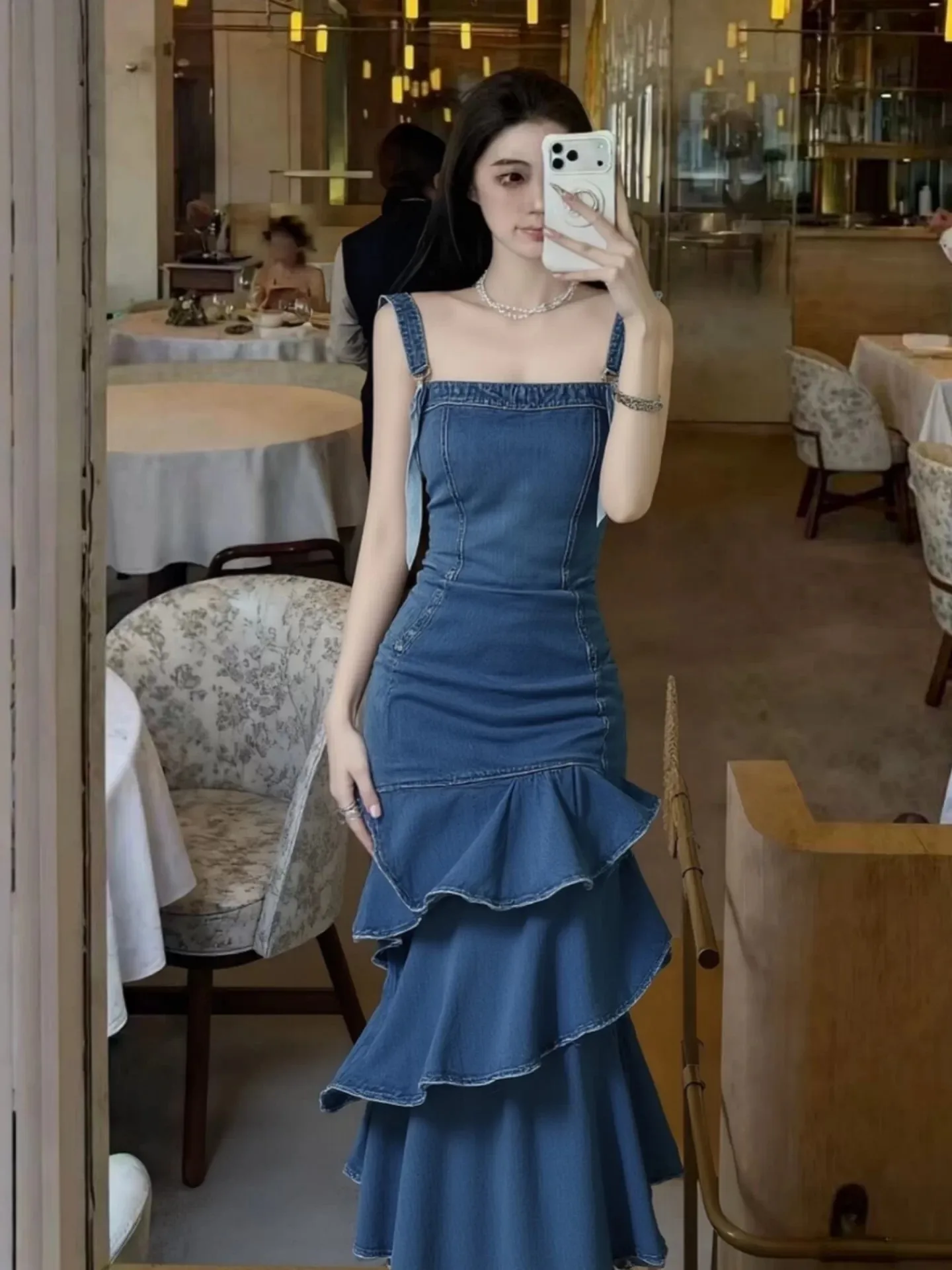 

Elegant Summer New Style Women's Dress Luxury Chic Denim Strap High Waist Asymmetrical Hem Fish Tail Skirt Fashionable Lady