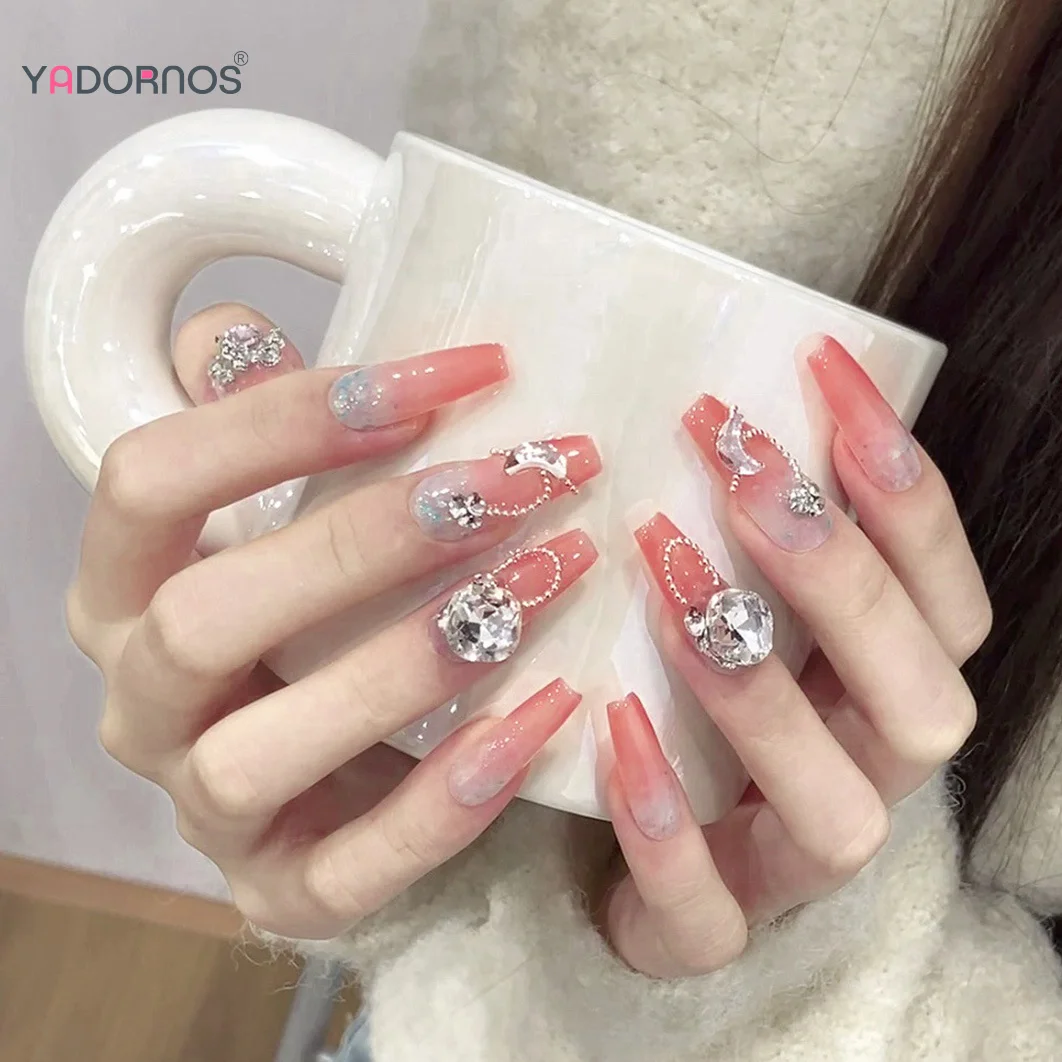 

10Pcs Gradient Pink False Nails Light Luxury Handmade Wearable Fake Nail Long T Rhinestone Embed Nail Patch Removable Manicure