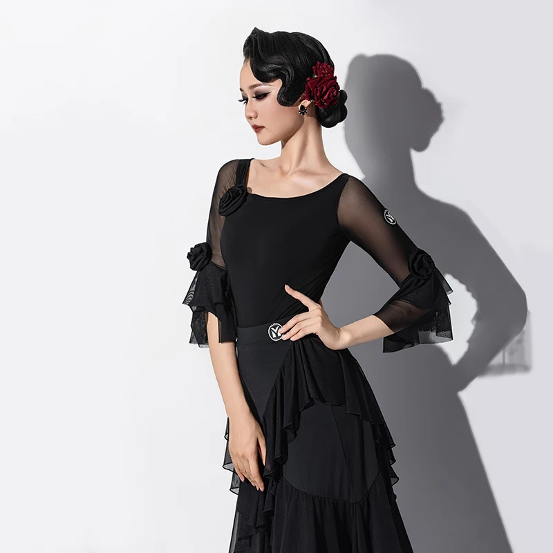 2025 Ballroom Dance Performance Costumes Women Mesh Top Big Swing Fishbone Skirt Modern Dance Waltz Competition Wear DN21431