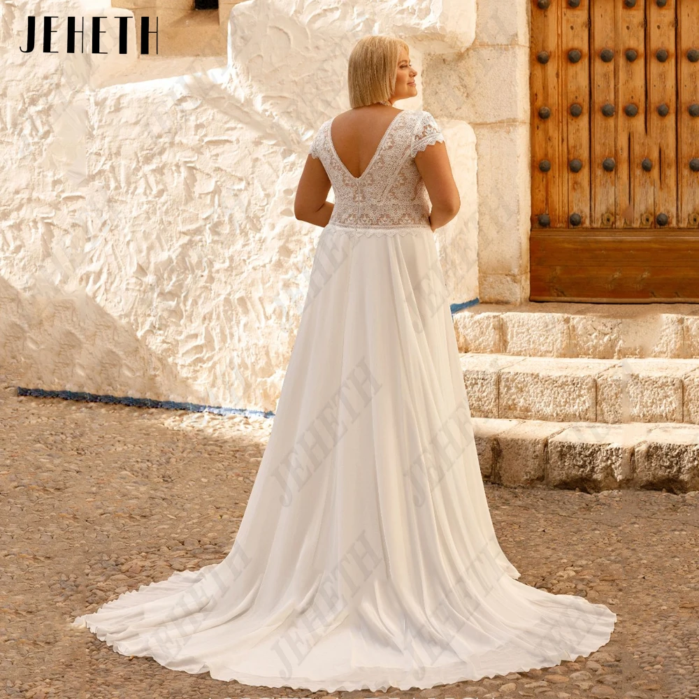 JEHETH Classic Wedding Dresses Short Sleeves Plus Size Double V-Neck Bride Gowns Chiffon JEHETH abiti da sposa classici maniche corte Plus Size doppio scollo a v abiti da sposa Chiffon a-line Applique vestidos de novia