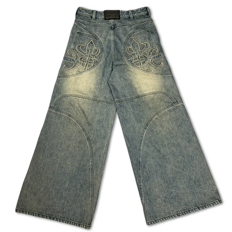 Jeans bordado solto retrô na moda, Harajuku, calça casual de perna larga, streetwear americano de hip-hop, unissex, novo, Y2K, 2024