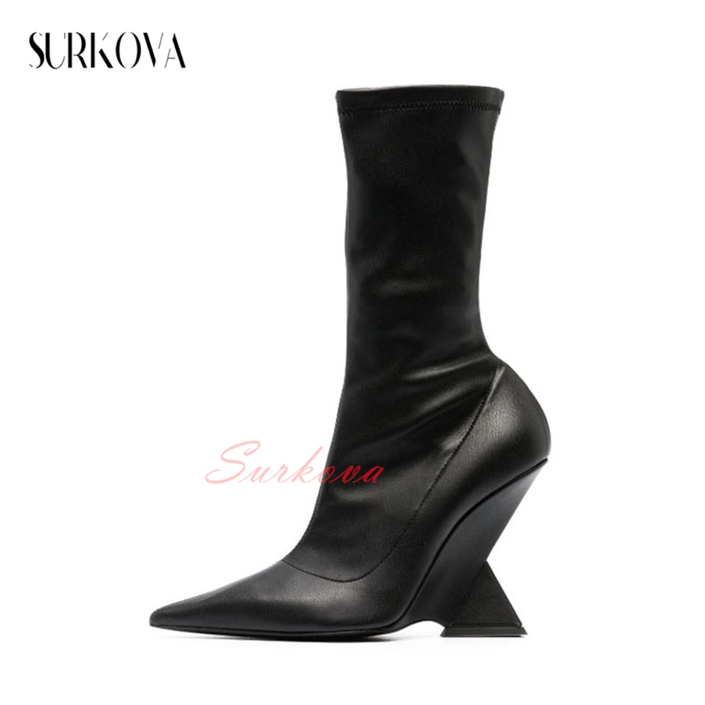 

Hollow Triangle Shaped Heel Boots Point Toe Wedge Sexy Women's Boots Stretch Soft Leather Boots High Heel Fashion Ankle Boots