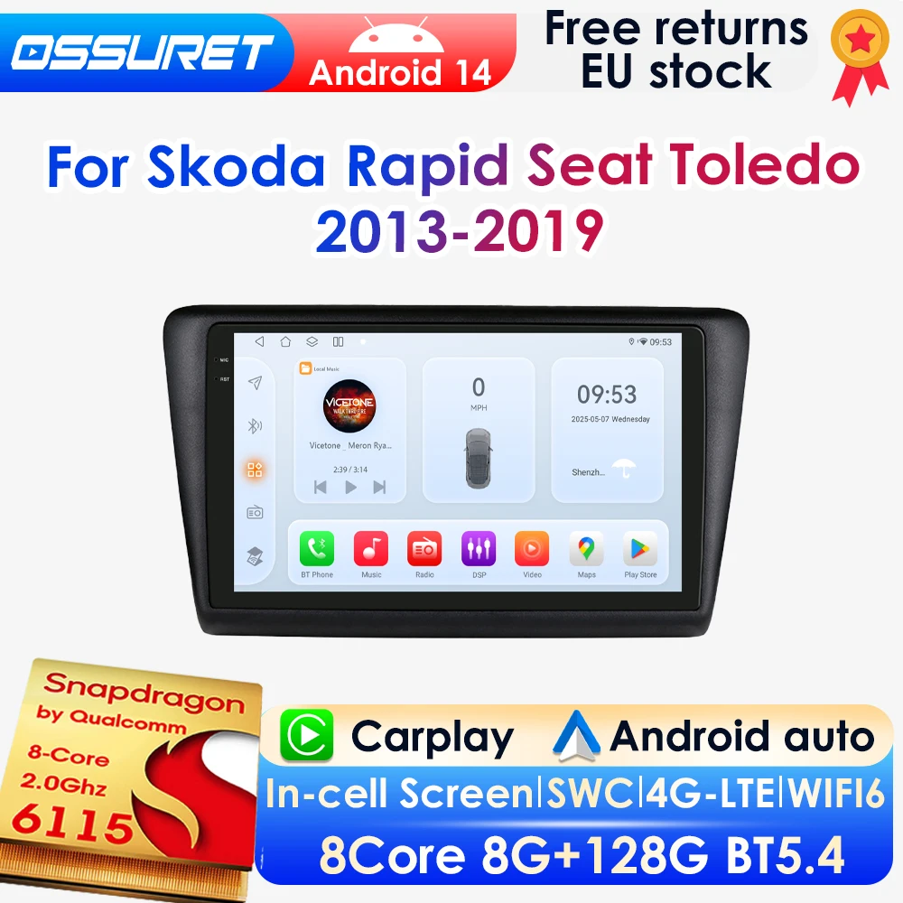 OSSURET 2Din AI Android 14 Car Radio For Skoda Rapid 2013-2019 Car Multimedia GPS Carplay 4G DSP BT 360Camera By Snapdragon 6115